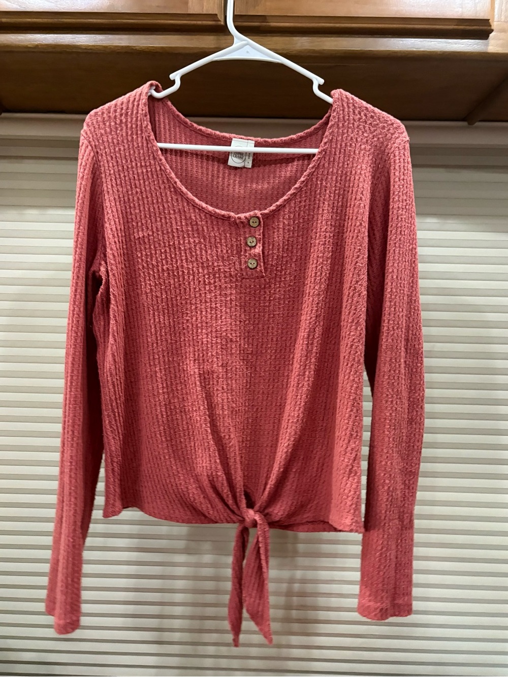Paper Crane Coral Tie-Front Waffle Knit Long Sleeve Top